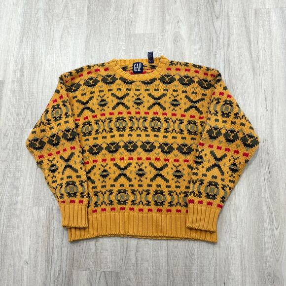 Vintage Gap Sweater Men's Large Yellow Geometric Knit Crewneck 90s Tribal Preppy - Picture 1 of 7